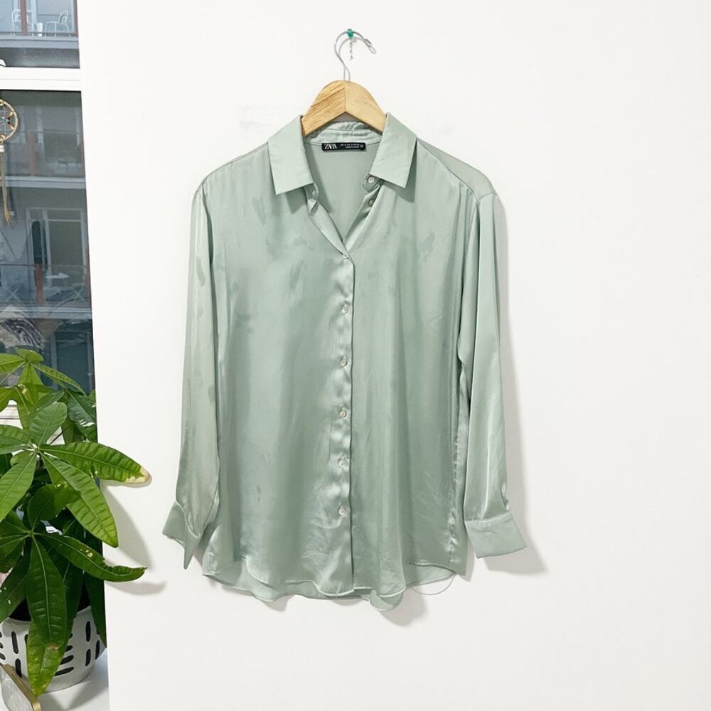 Zara Seafoam Green Silky Long Sleeve Button Up Top Size Small